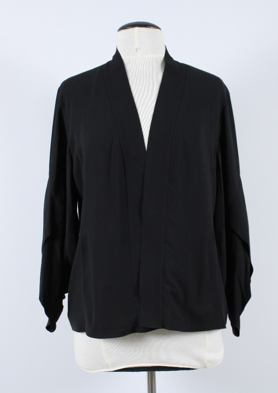 A7 Authentic EILEEN FISHER Black Silk Lantern Sleeve Open Front Jacket Size M